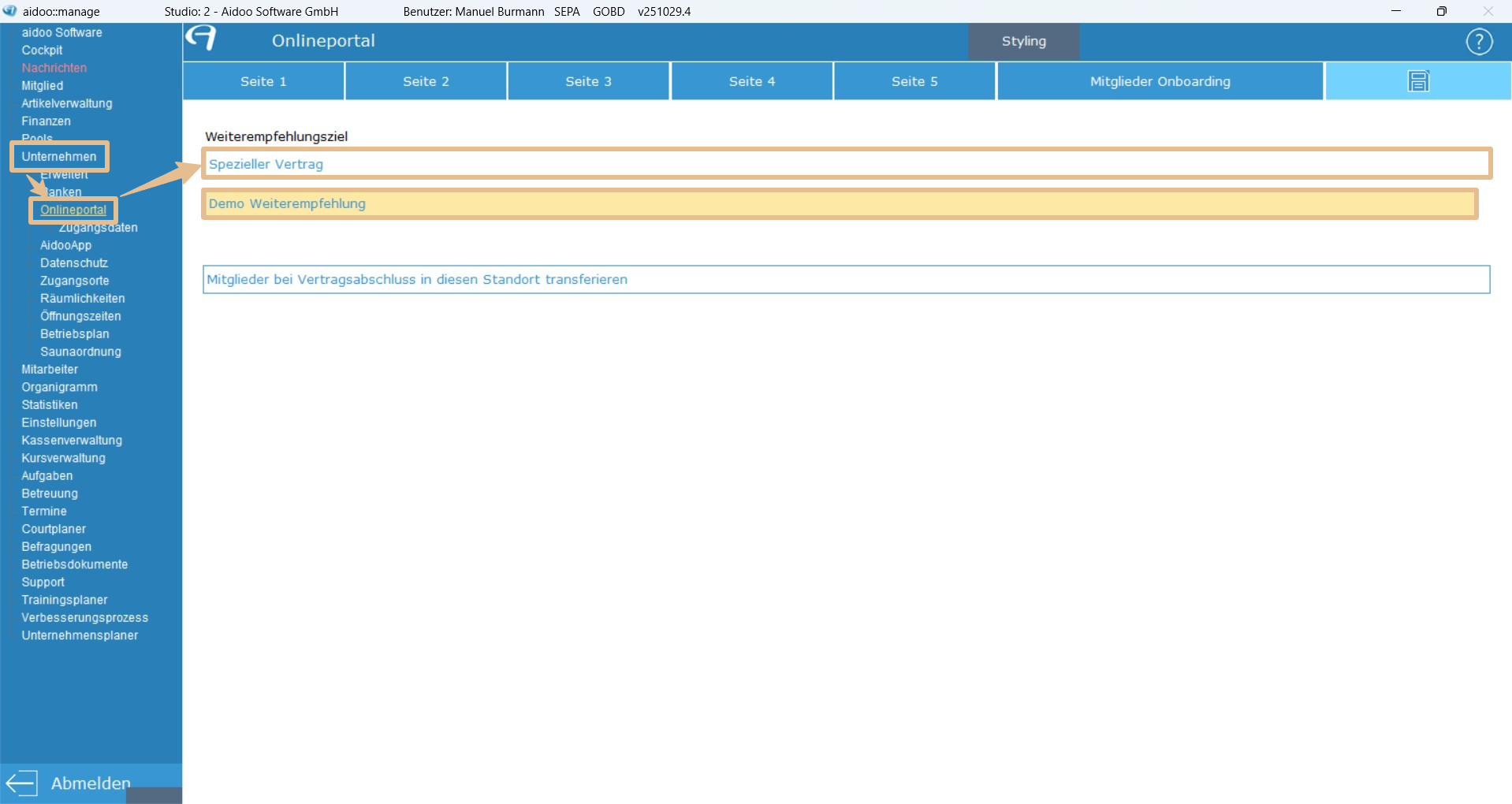 Einstellung in Manage